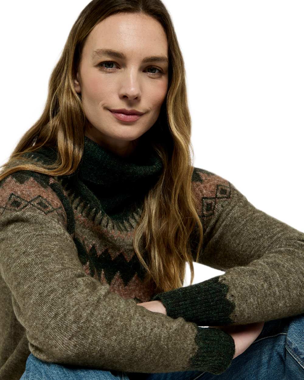 Olive Multi Coloured Dubarry Womens Devlin Fair Isle Pattern Sweater on white background 
