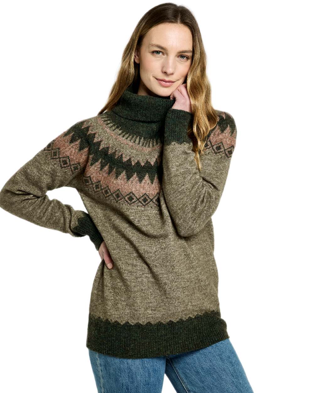 Olive Multi Coloured Dubarry Womens Devlin Fair Isle Pattern Sweater on white background 