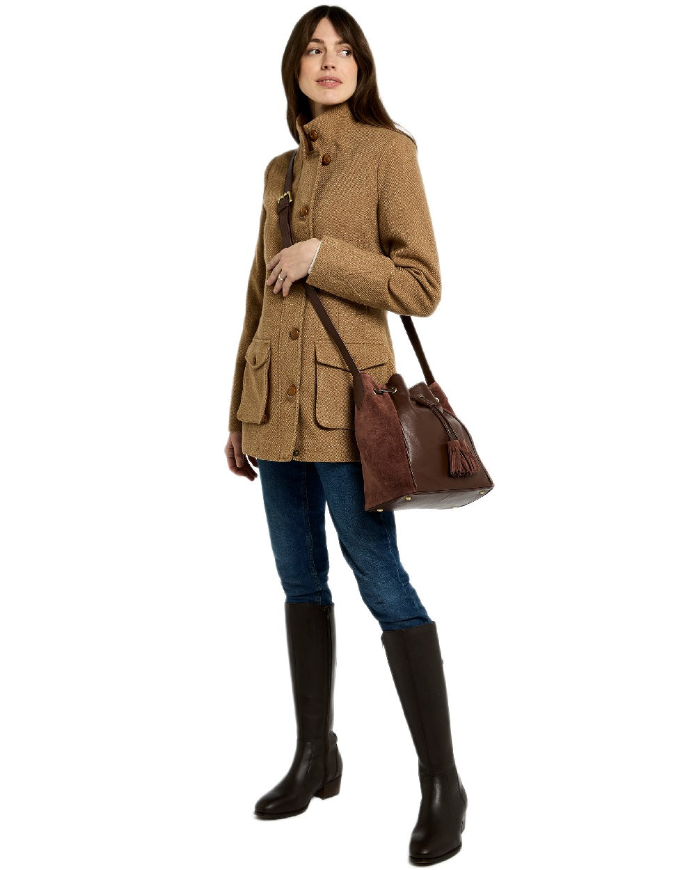 Cedar Coloured Dubarry Womens Doonbeg Cross Body Bucket Bag on white background 