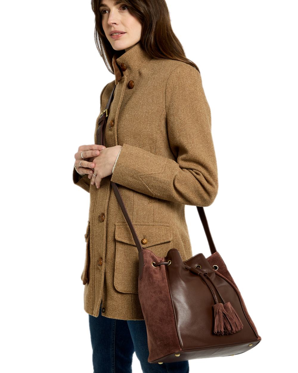 Cedar Coloured Dubarry Womens Doonbeg Cross Body Bucket Bag on white background 