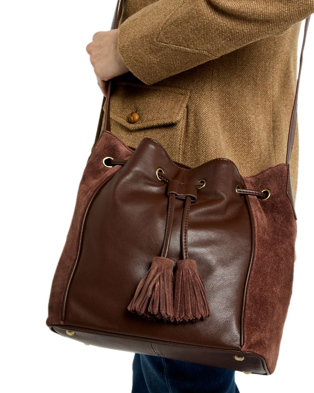 Cedar Coloured Dubarry Womens Doonbeg Cross Body Bucket Bag on white background 