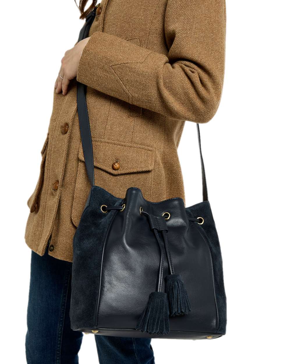 Navy Coloured Dubarry Womens Doonbeg Cross Body Bucket Bag on white background 