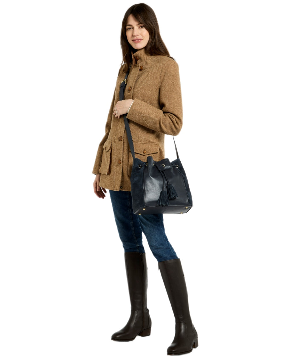 Navy Coloured Dubarry Womens Doonbeg Cross Body Bucket Bag on white background 
