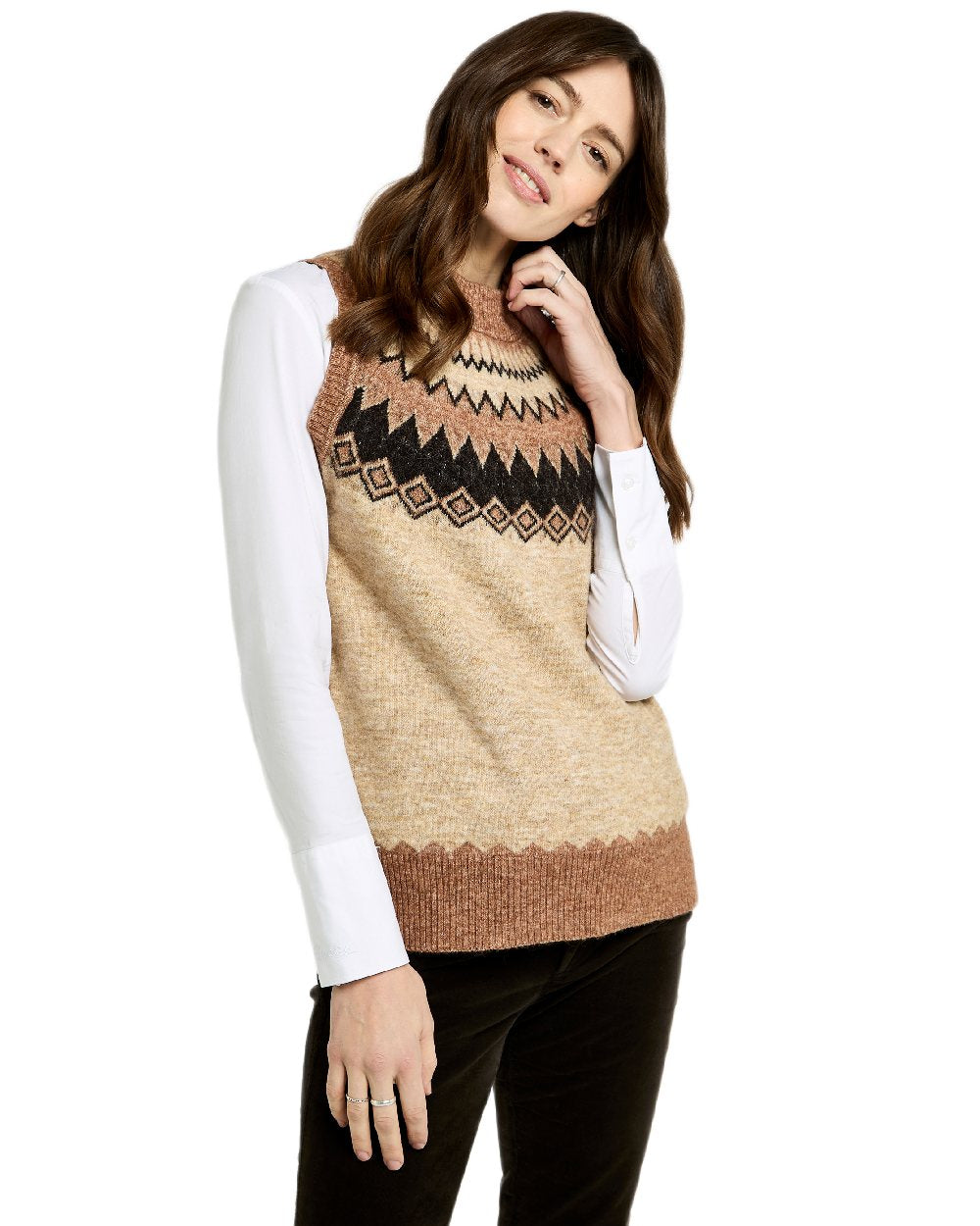 Oat Multi Coloured Dubarry Womens Doyle Fair Isle Pattern Vest on white background 