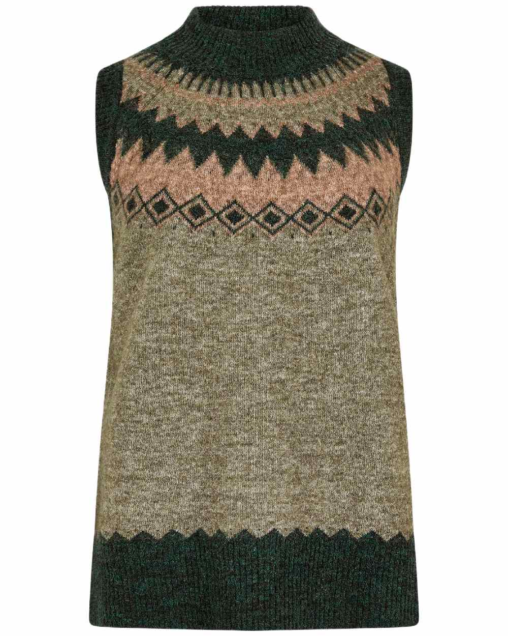 Olive Multi Coloured Dubarry Womens Doyle Fair Isle Pattern Vest on white background 