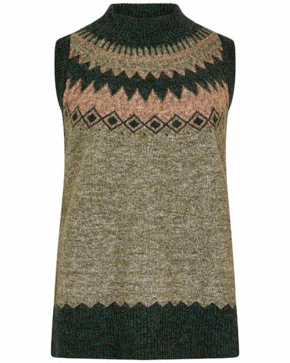Olive Multi Coloured Dubarry Womens Doyle Fair Isle Pattern Vest on white background 