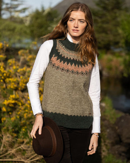 Olive Multi Coloured Dubarry Womens Doyle Fair Isle Pattern Vest on outdoor background 