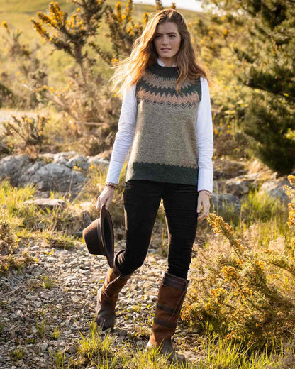 Olive Multi Coloured Dubarry Womens Doyle Fair Isle Pattern Vest on outdoor background 