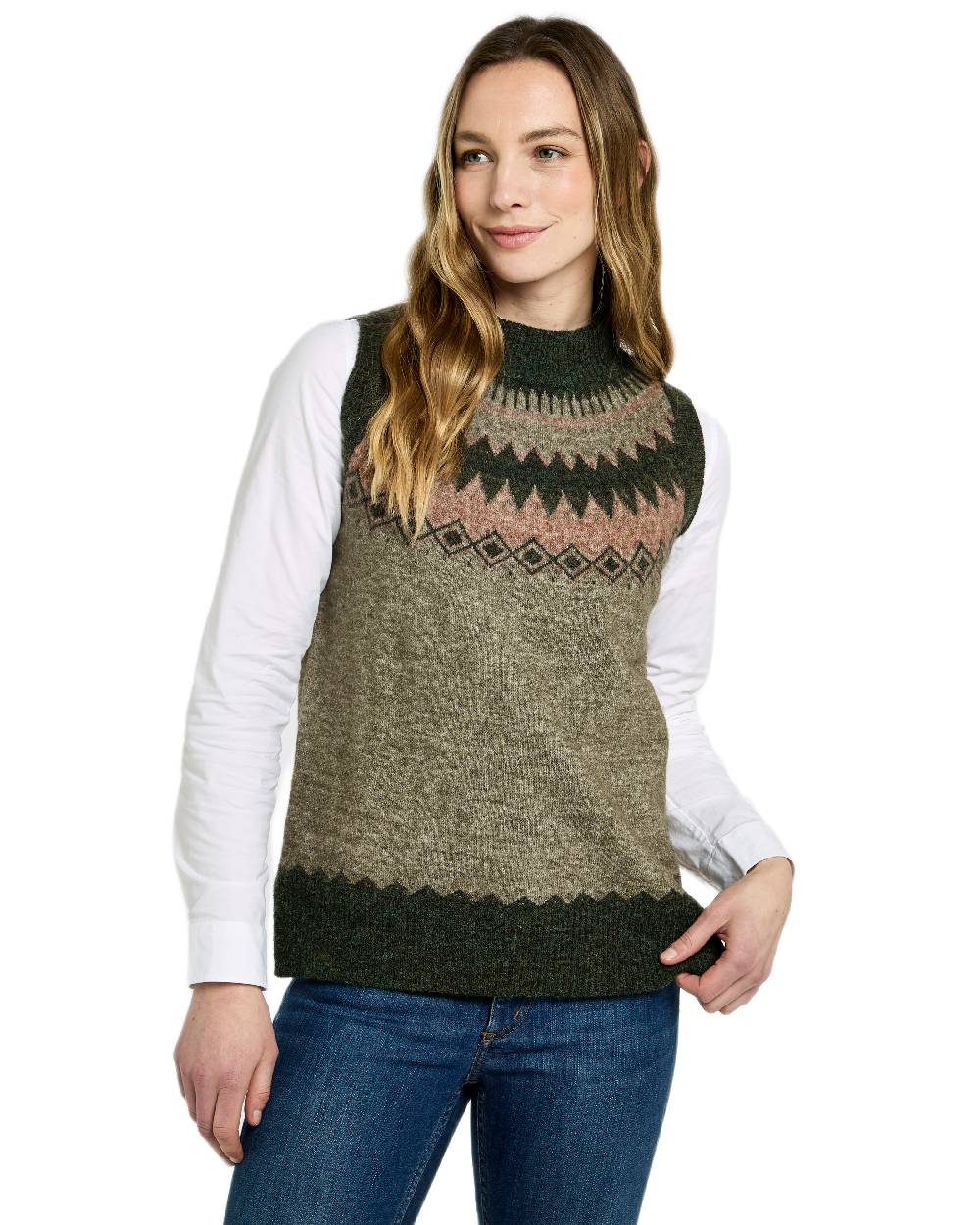 Olive Multi Coloured Dubarry Womens Doyle Fair Isle Pattern Vest on white background 