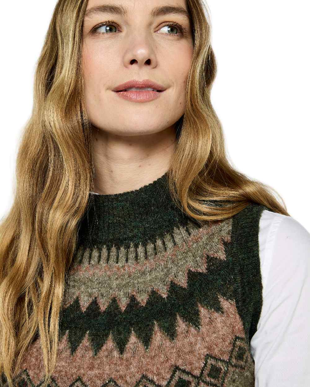 Olive Multi Coloured Dubarry Womens Doyle Fair Isle Pattern Vest on white background 