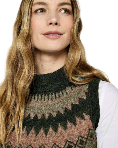 Olive Multi Coloured Dubarry Womens Doyle Fair Isle Pattern Vest on white background 