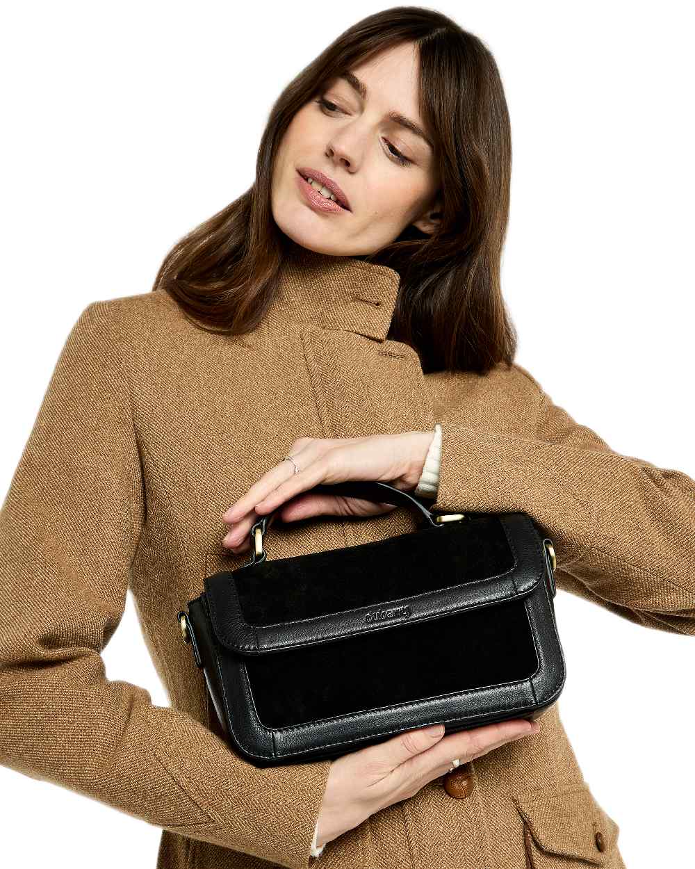 Black Coloured Dubarry Womens Eadestown Structured Suede And Leather Handbag on white background 
