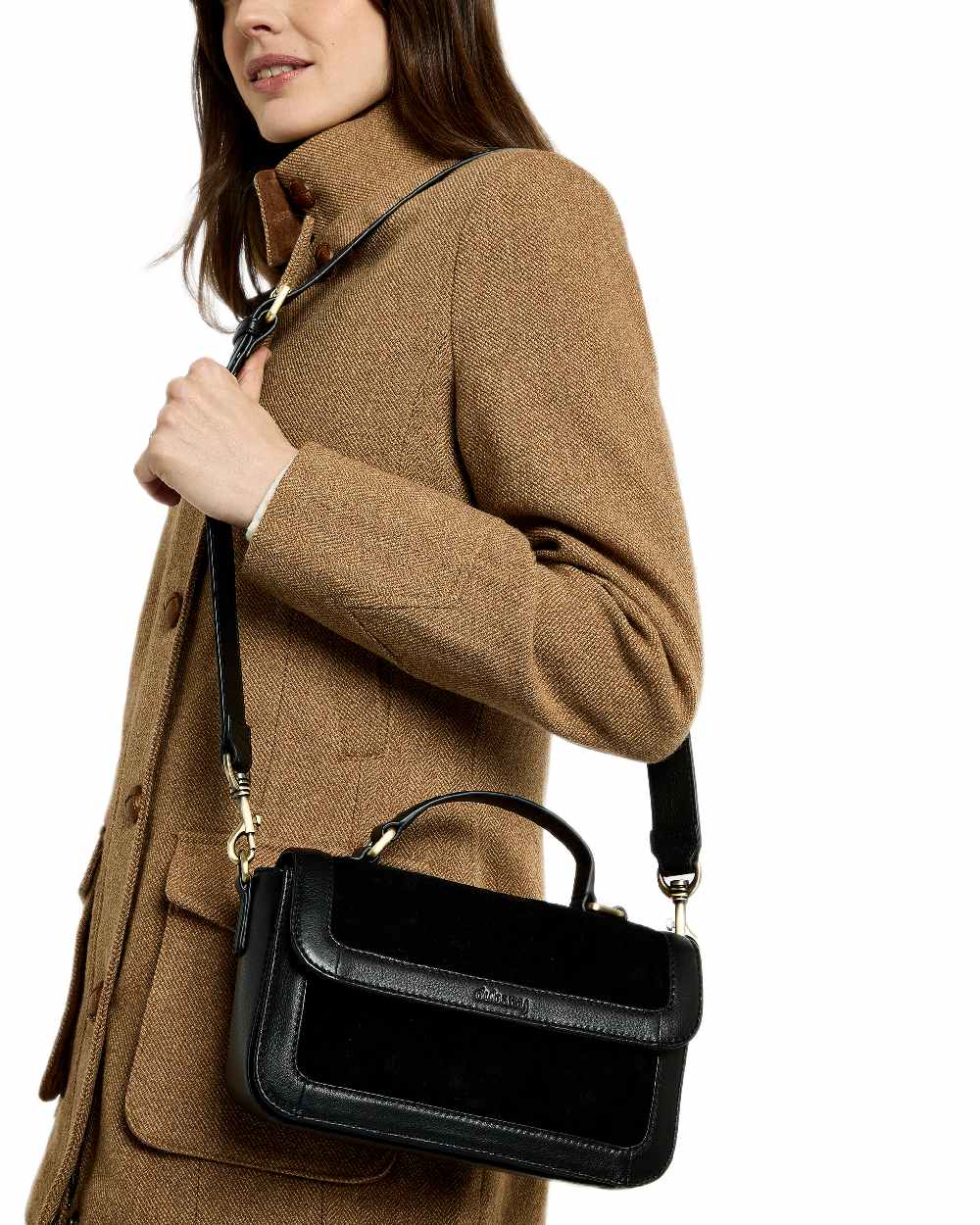 Black Coloured Dubarry Womens Eadestown Structured Suede And Leather Handbag on white background 