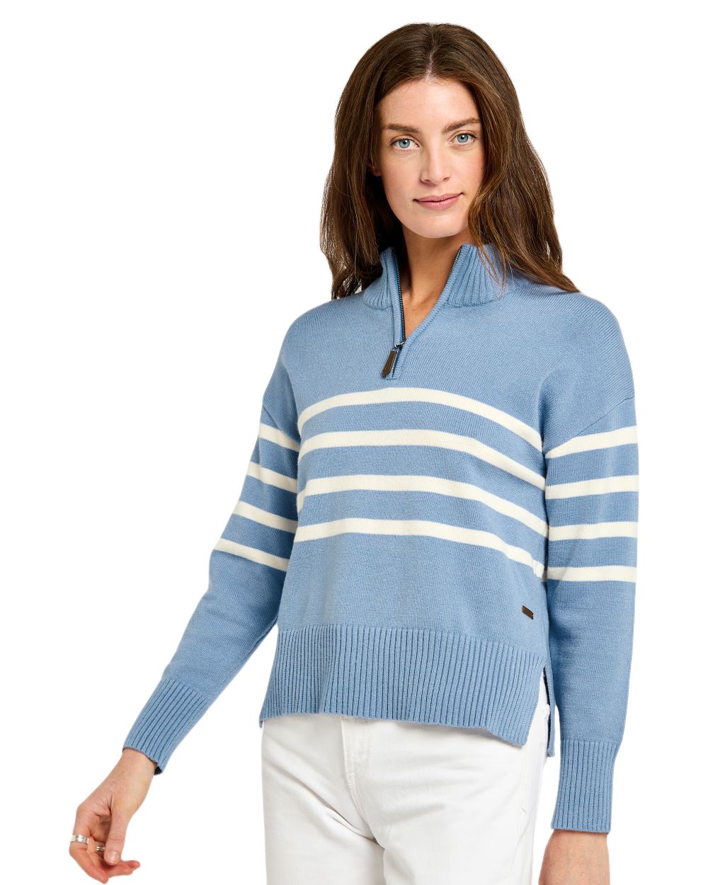 Dusty Blue coloured Dubarry Womens Fonthill Zip Neck Sweater on white background 