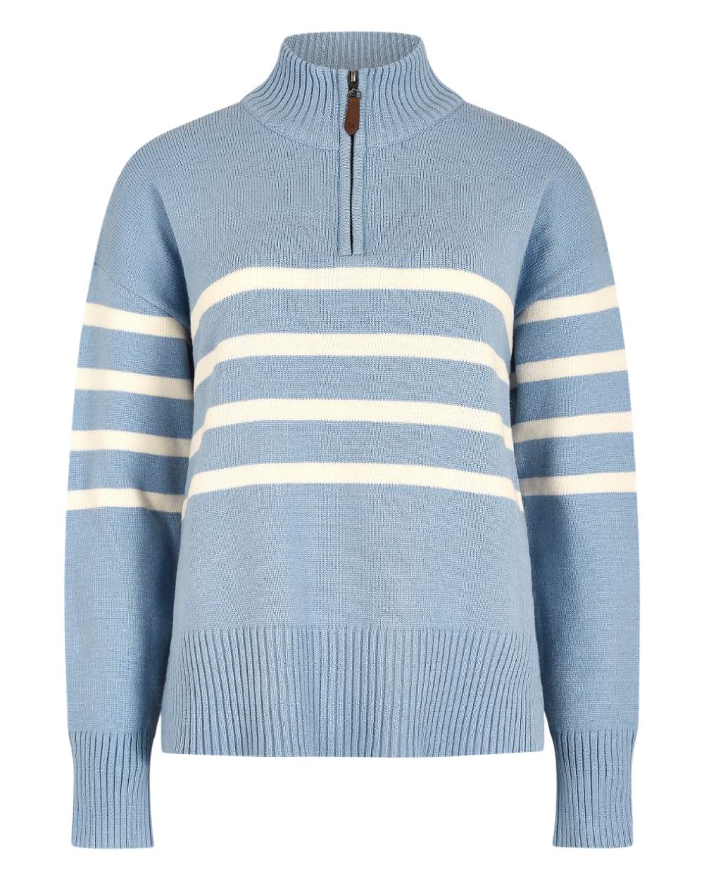 Dusty Blue coloured Dubarry Womens Fonthill Zip Neck Sweater on white background 