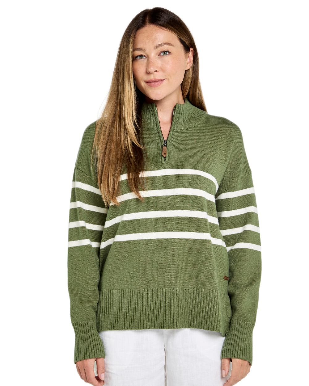 Kelp coloured Dubarry Womens Fonthill Zip Neck Sweater on white background 