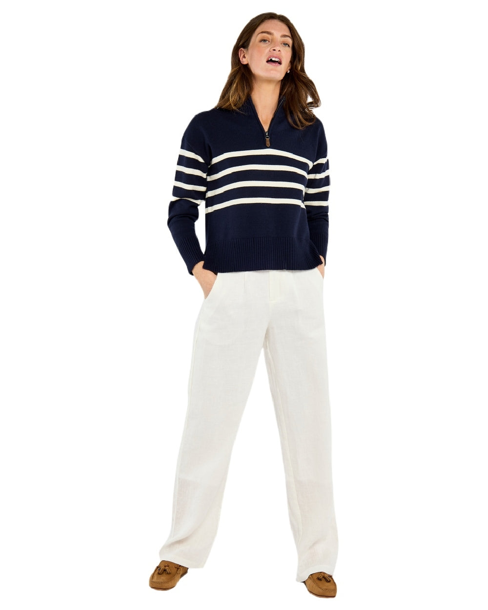 Navy coloured Dubarry Womens Fonthill Zip Neck Sweater on white background 
