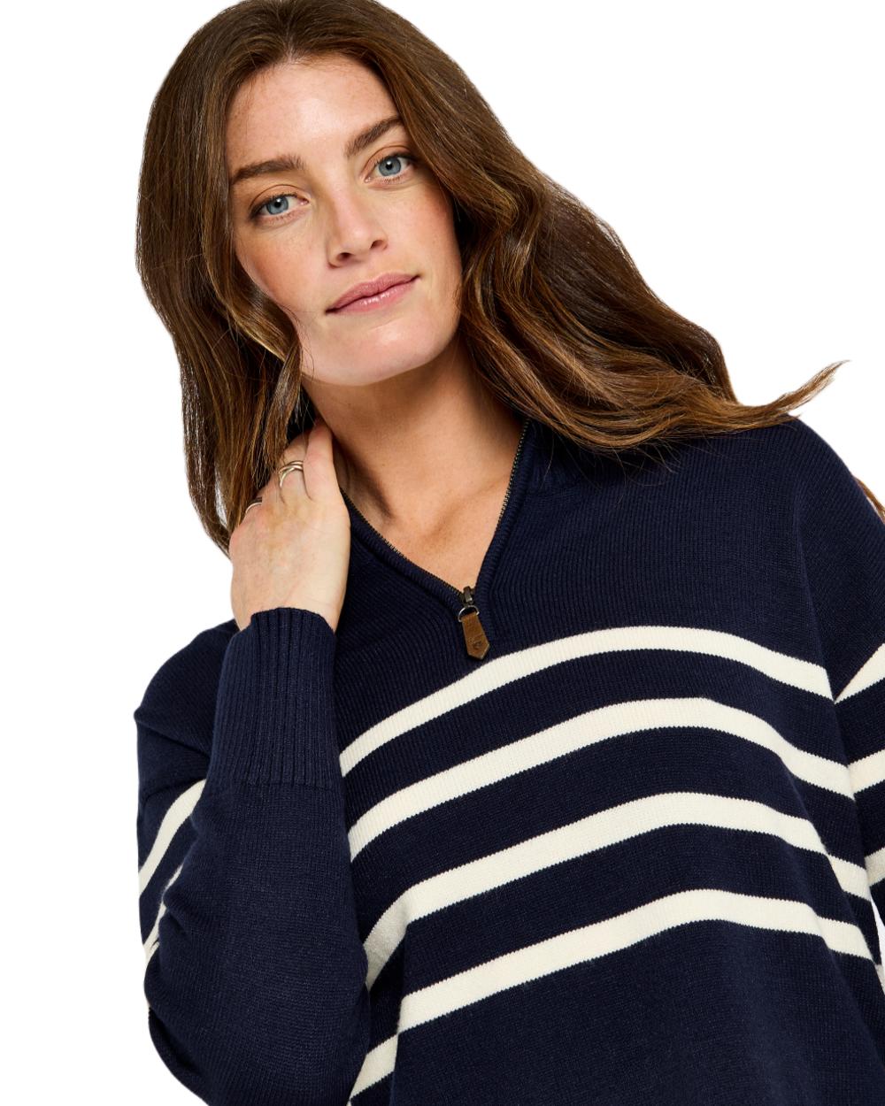 Navy coloured Dubarry Womens Fonthill Zip Neck Sweater on white background 