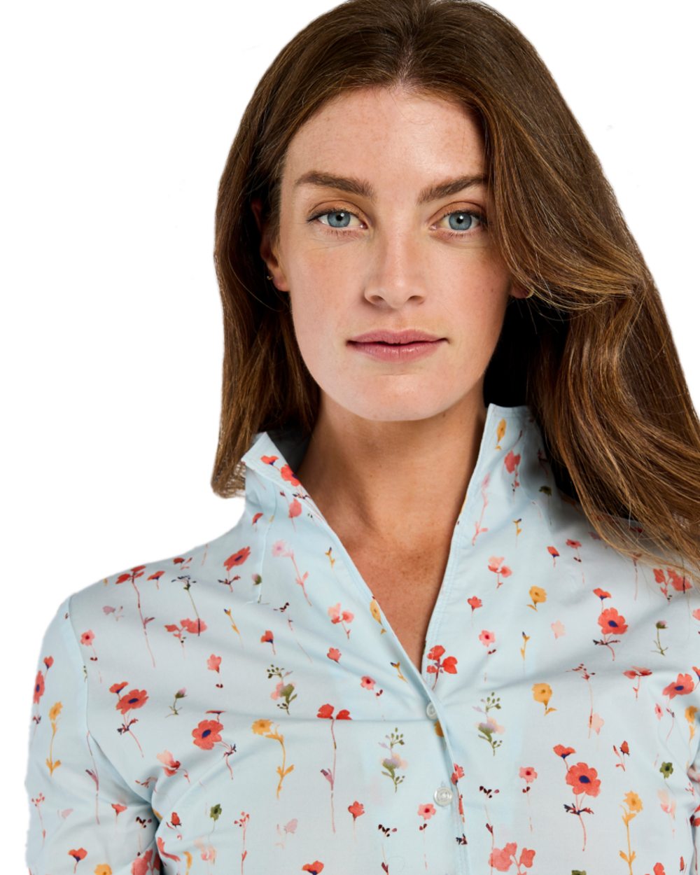 Pale Blue coloured Dubarry Womens Fuchsia Printed Long Sleeve Shirt on white background 