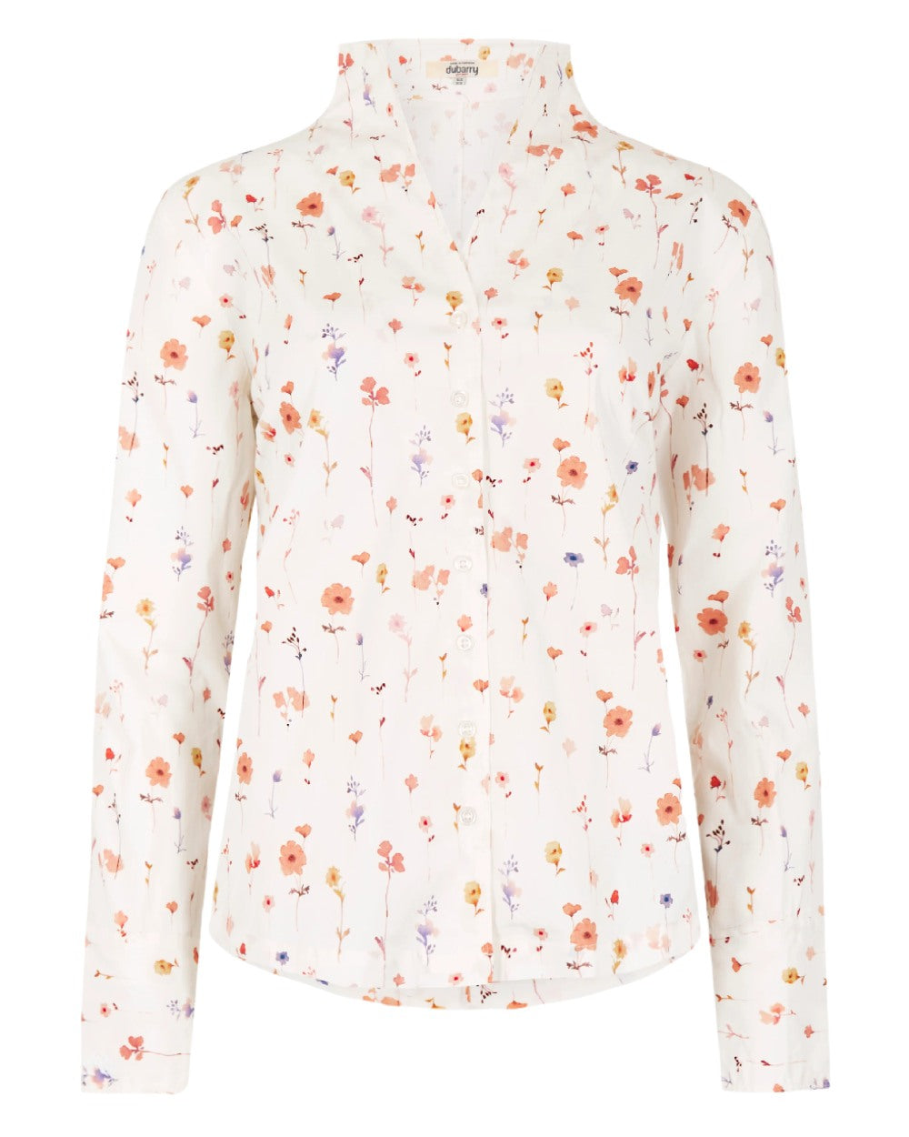 White coloured Dubarry Womens Fuchsia Printed Long Sleeve Shirt on white background 