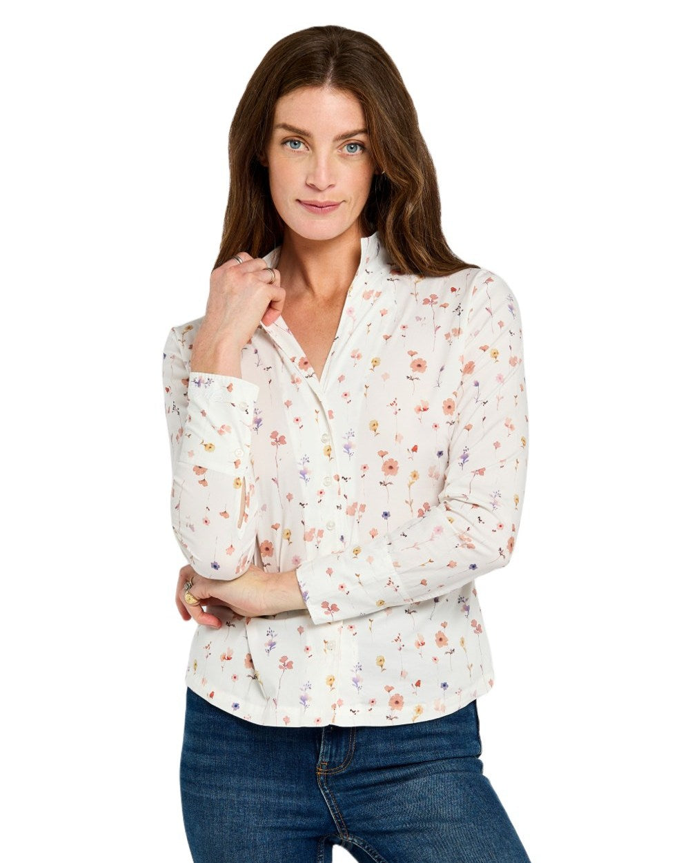 White coloured Dubarry Womens Fuchsia Printed Long Sleeve Shirt on white background 