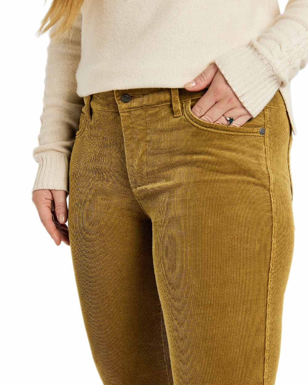 Harvest Gold Coloured Dubarry Womens Honeysuckle Jeans on white background 