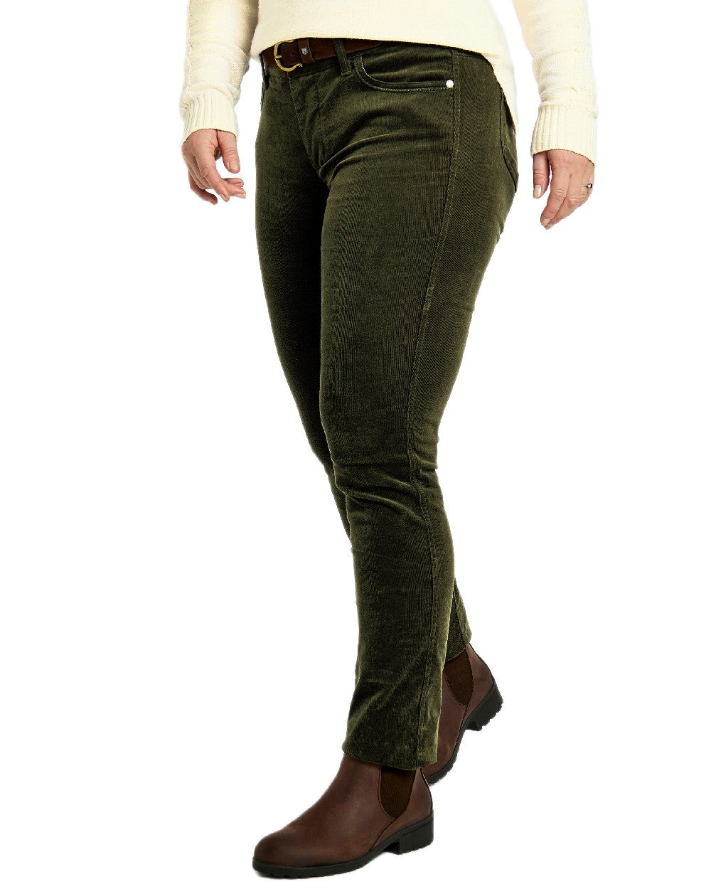 Olive Coloured Dubarry Womens Honeysuckle Jeans on white background 