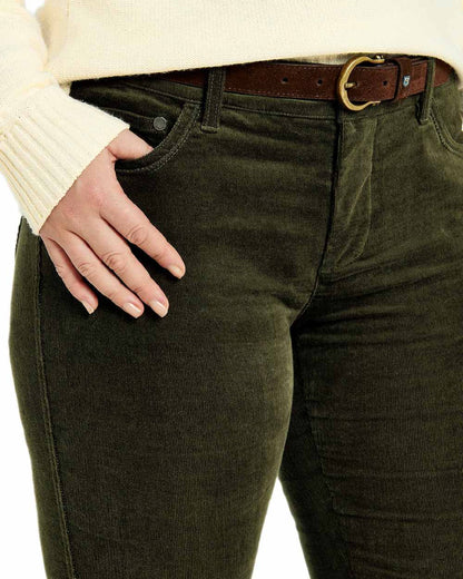 Olive Coloured Dubarry Womens Honeysuckle Jeans on white background 