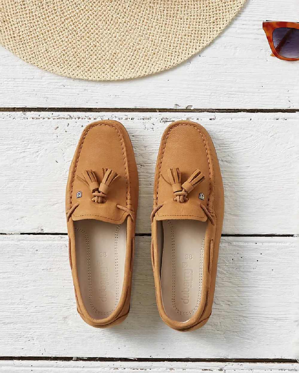 Tan coloured Dubarry Womens Jamaica Deck Shoes on white background 