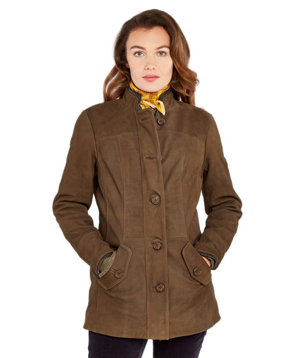 Walnut coloured Dubarry Womens Joyce Leather Jacket on white background 