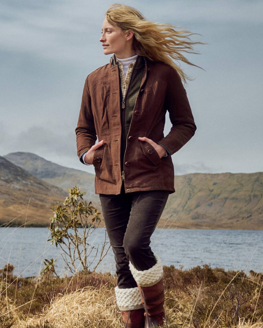Walnut coloured Dubarry Womens Joyce Leather Jacket on water background 