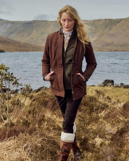 Walnut coloured Dubarry Womens Joyce Leather Jacket on water background 