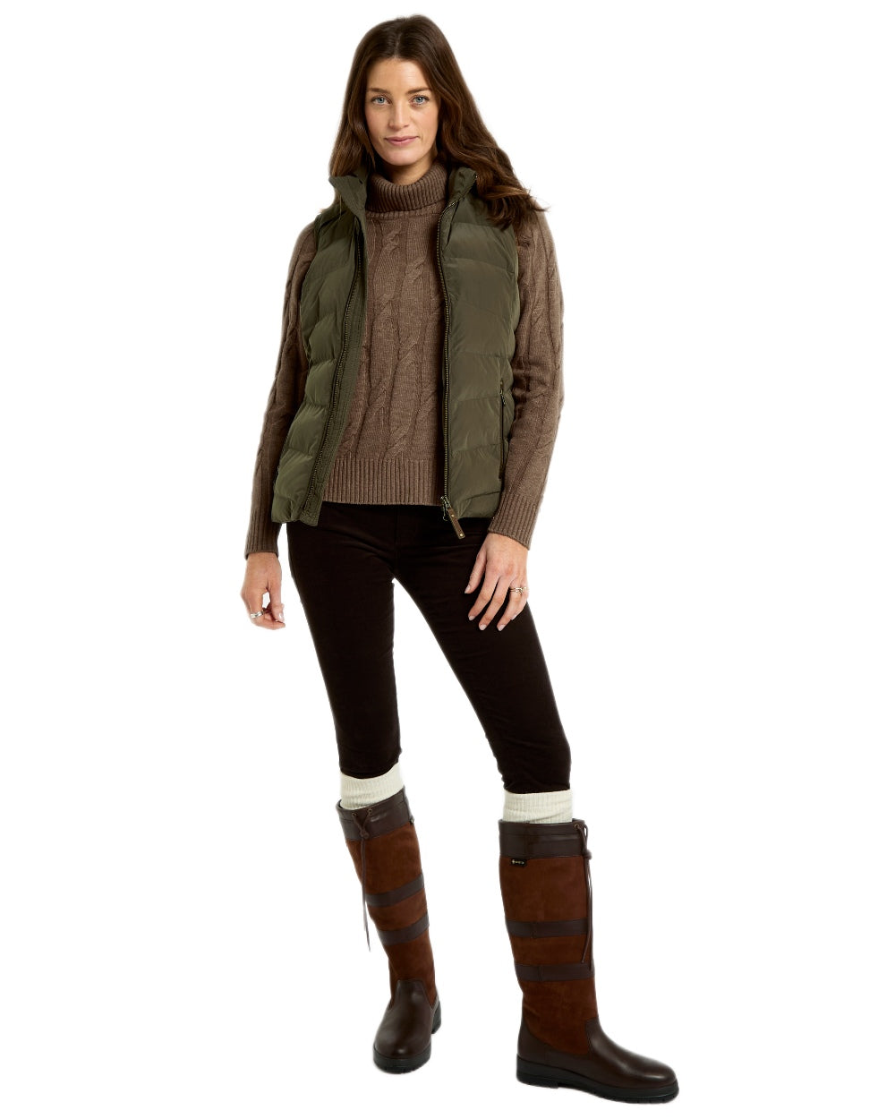Olive coloured Dubarry Womens Kilcarey Quilted Gilet on white background 