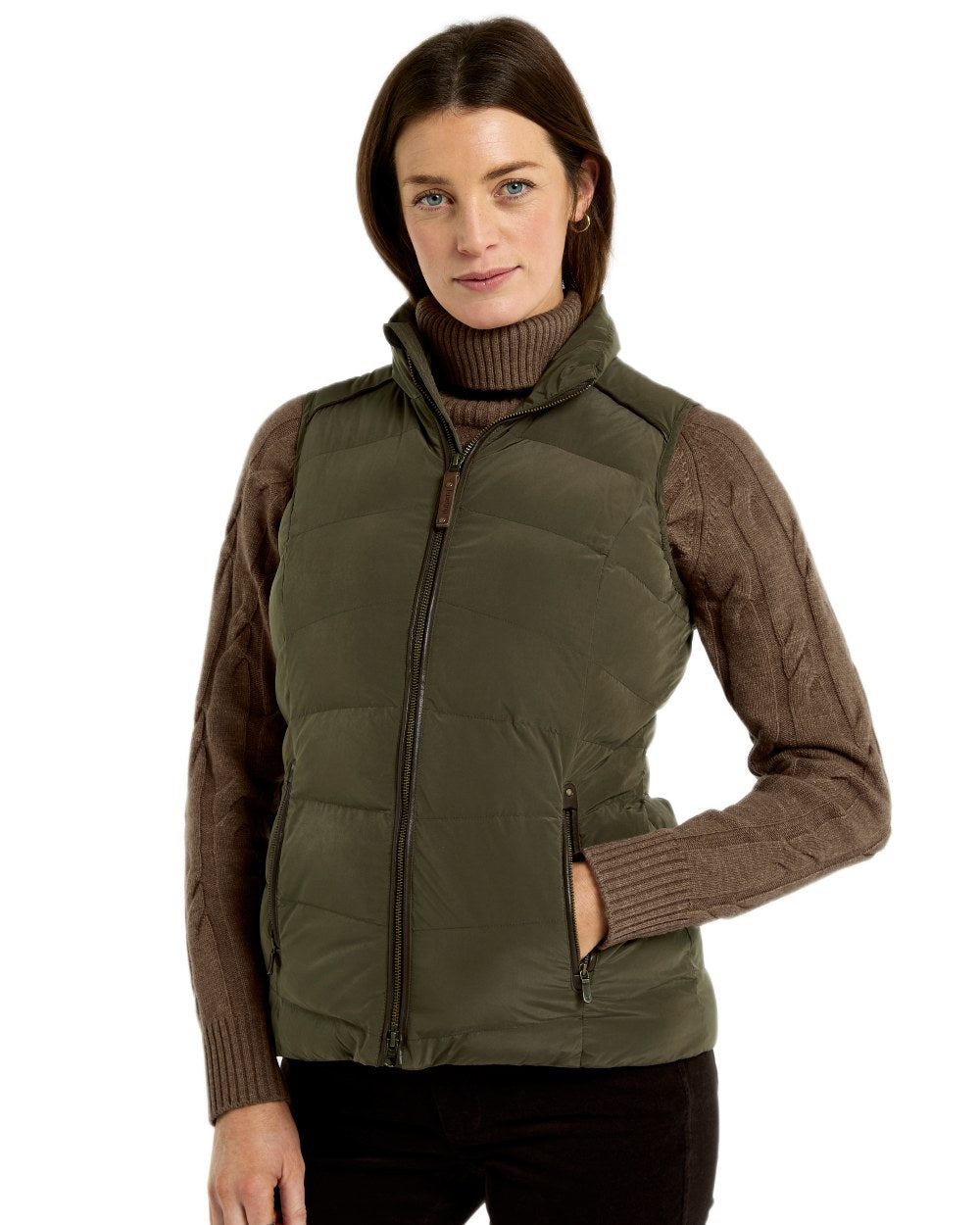 Olive coloured Dubarry Womens Kilcarey Quilted Gilet on white background 