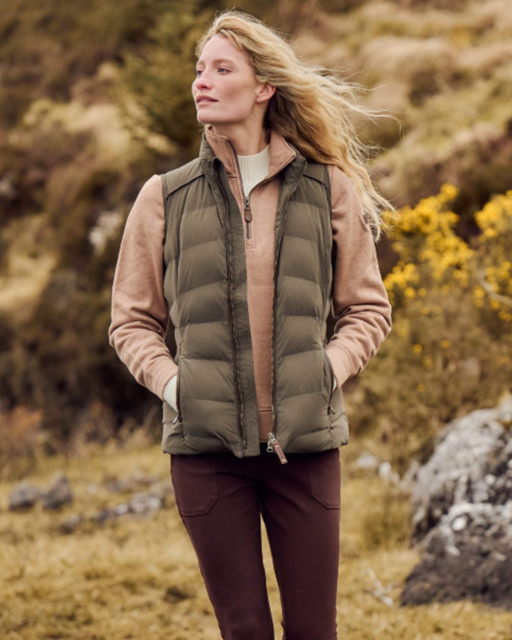 Olive coloured Dubarry Womens Kilcarey Quilted Gilet on outdoor background 
