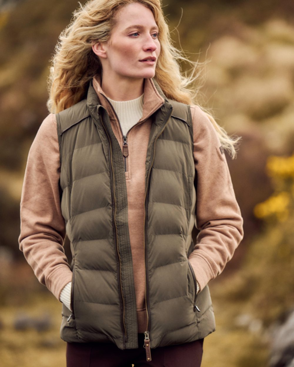 Olive coloured Dubarry Womens Kilcarey Quilted Gilet on outdoor background 