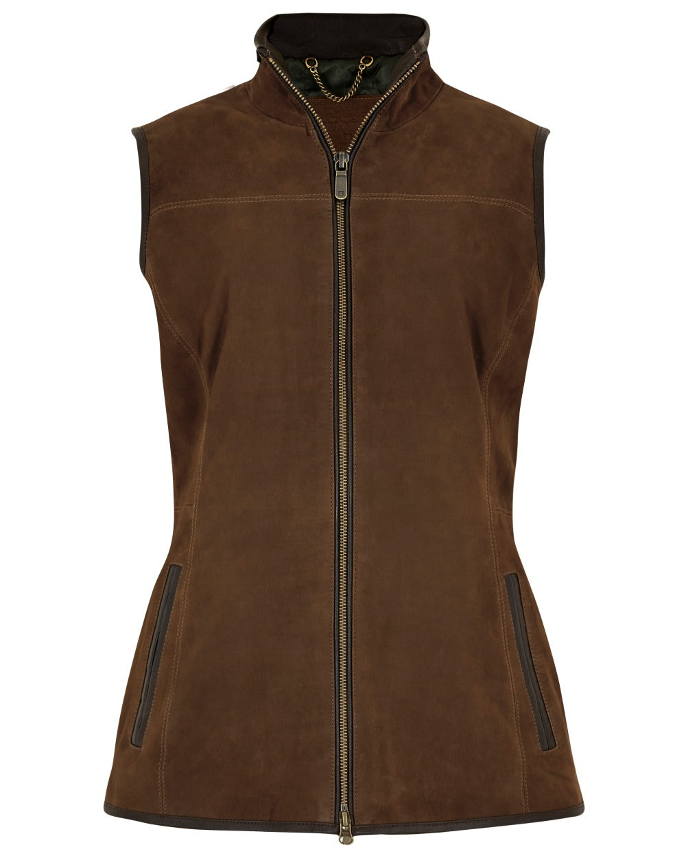 Walnut coloured Dubarry Womens Kingston Leather Gilet on white background 