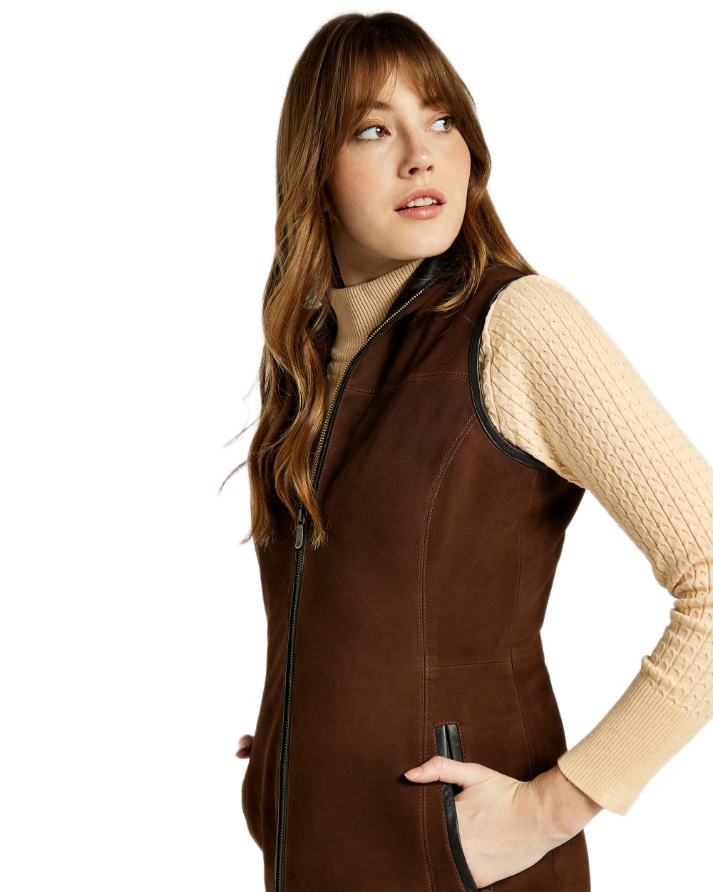 Walnut coloured Dubarry Womens Kingston Leather Gilet on white background 