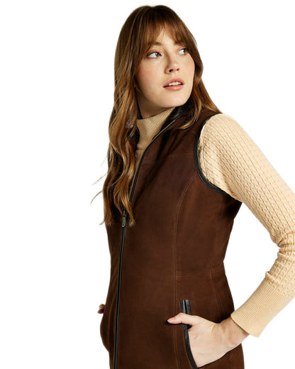 Walnut coloured Dubarry Womens Kingston Leather Gilet on white background 