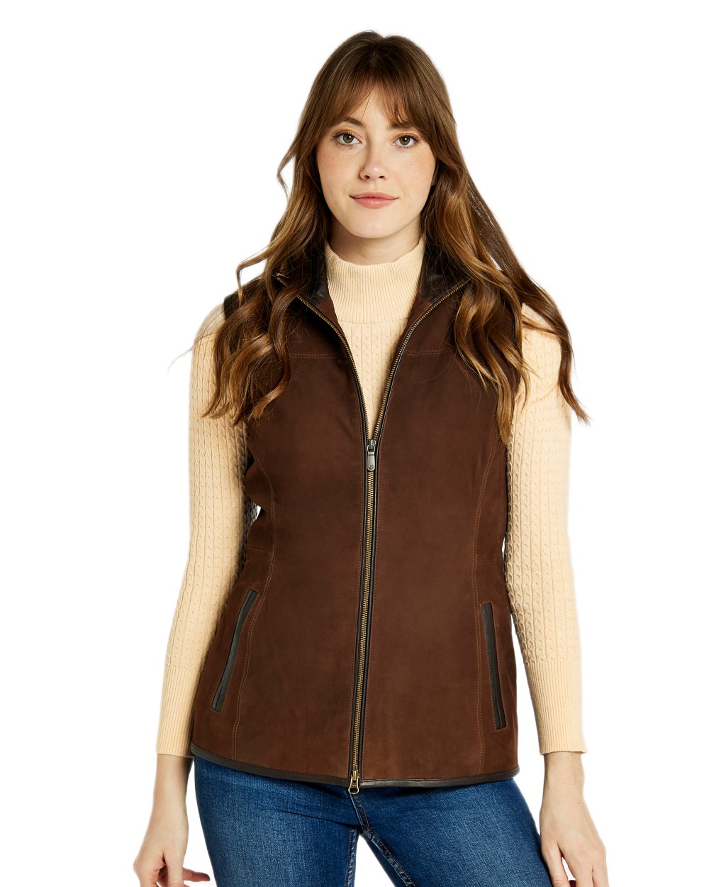 Walnut coloured Dubarry Womens Kingston Leather Gilet on white background 