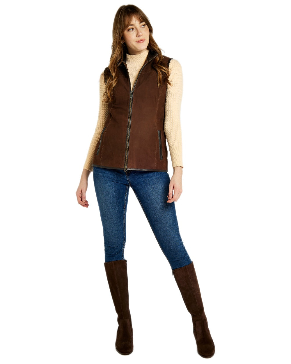 Walnut coloured Dubarry Womens Kingston Leather Gilet on white background 