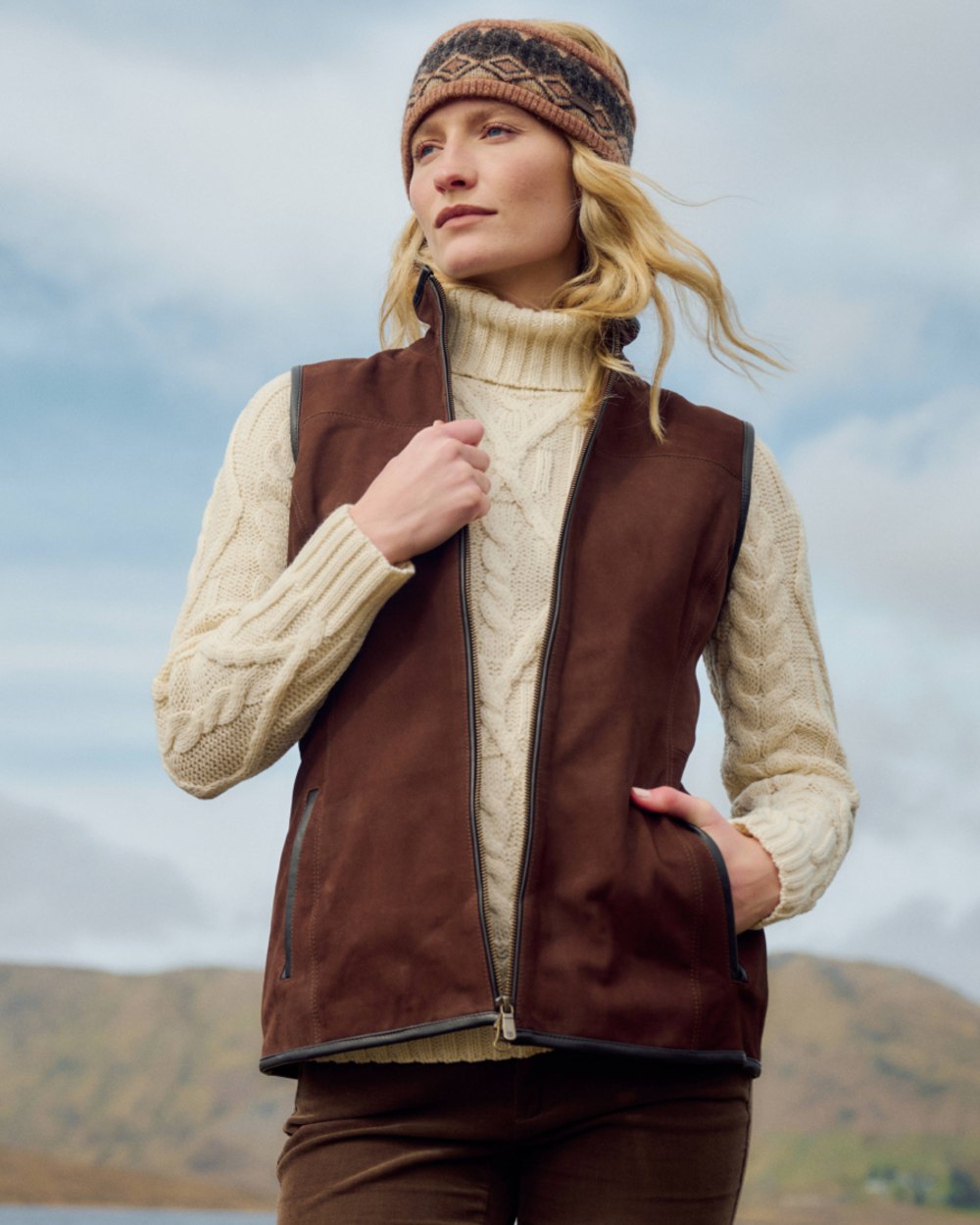 Walnut coloured Dubarry Womens Kingston Leather Gilet on outdoor background 