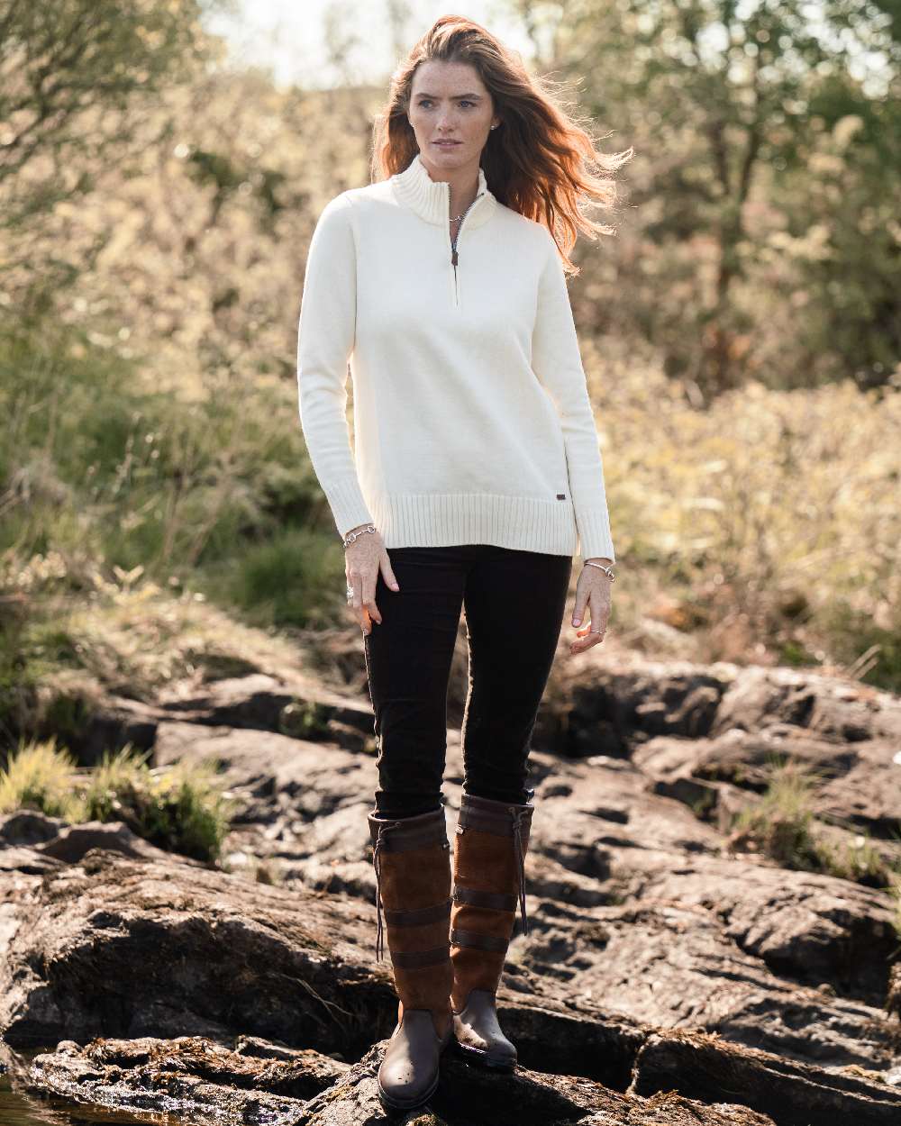 Chalk Coloured Dubarry Womens Markham Zip Neck Sweater on outdoor background 