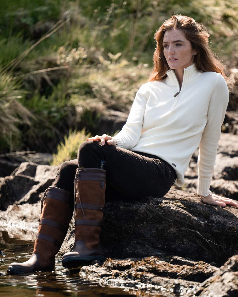 Chalk Coloured Dubarry Womens Markham Zip Neck Sweater on outdoor background 
