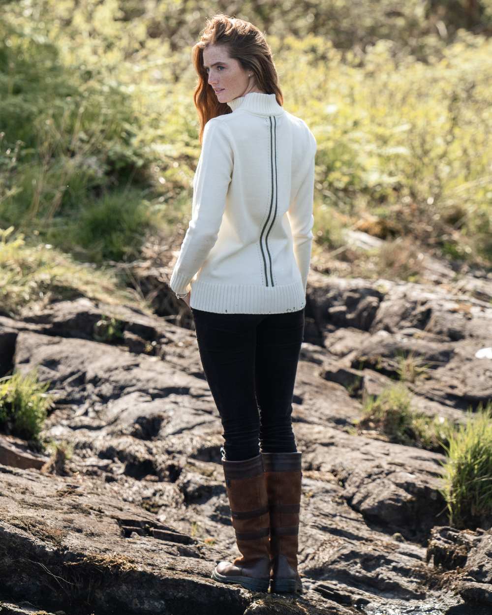 Chalk Coloured Dubarry Womens Markham Zip Neck Sweater on outdoor background 