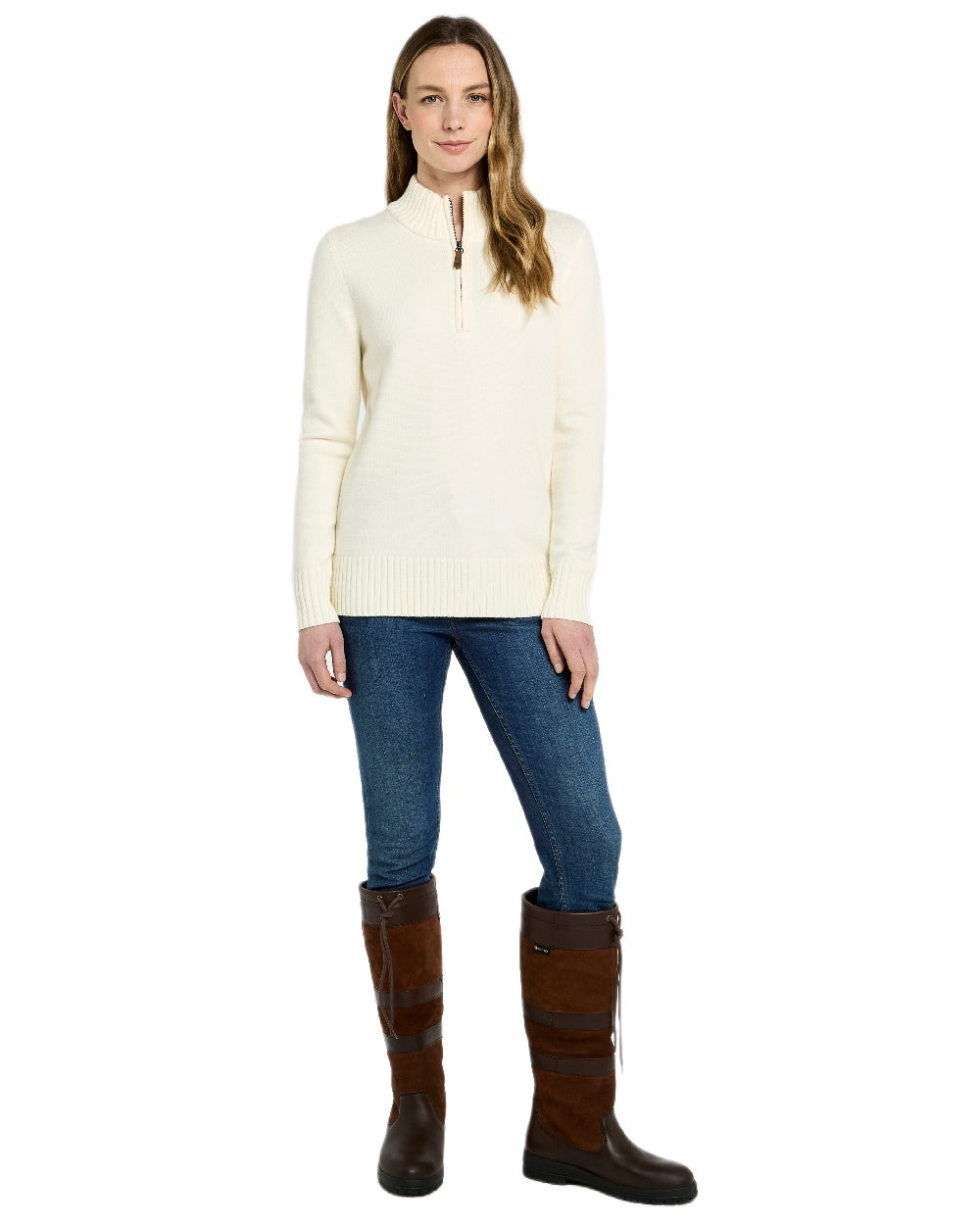 Chalk Coloured Dubarry Womens Markham Zip Neck Sweater on white background 