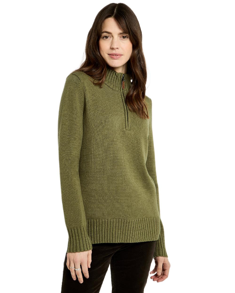 Dusky Green Coloured Dubarry Womens Markham Zip Neck Sweater on white background 