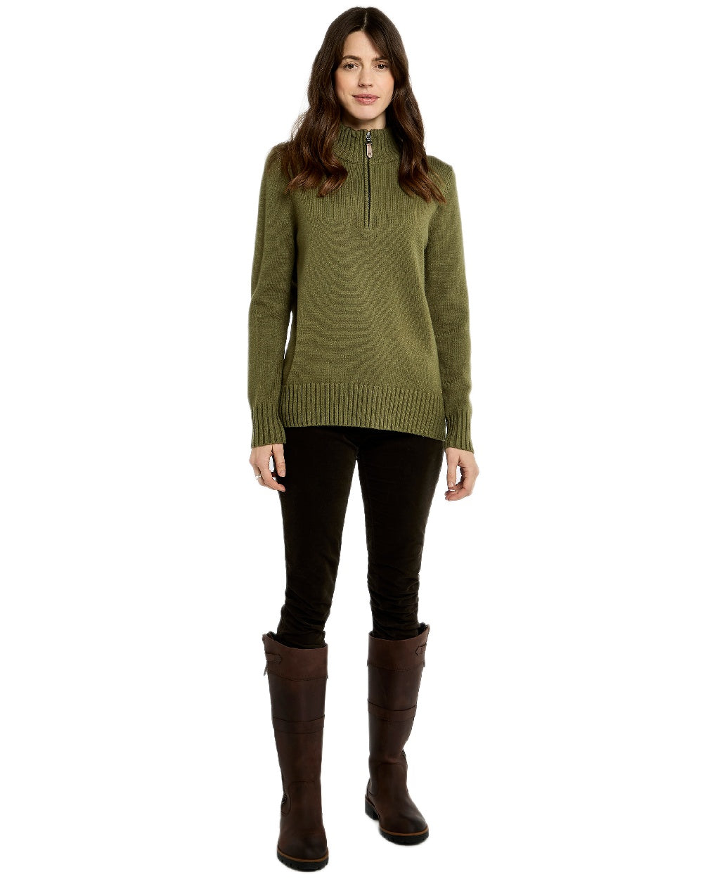 Dusky Green Coloured Dubarry Womens Markham Zip Neck Sweater on white background 