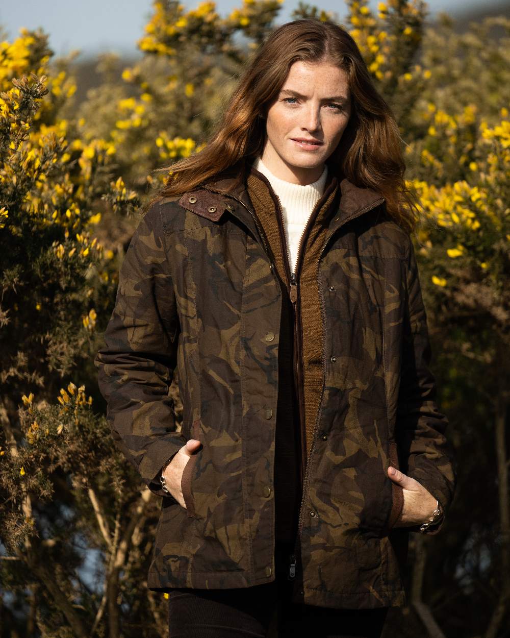 Brown Camo Coloured Dubarry Womens Mountrath LTD Limited Edition Waxed Cotton Jacket on outdoor background 