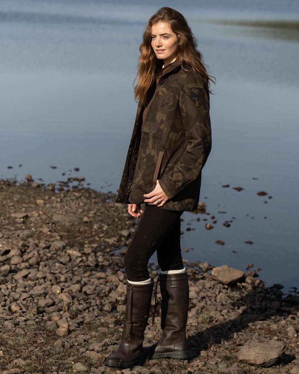 Brown Camo Coloured Dubarry Womens Mountrath LTD Limited Edition Waxed Cotton Jacket on outdoor background 
